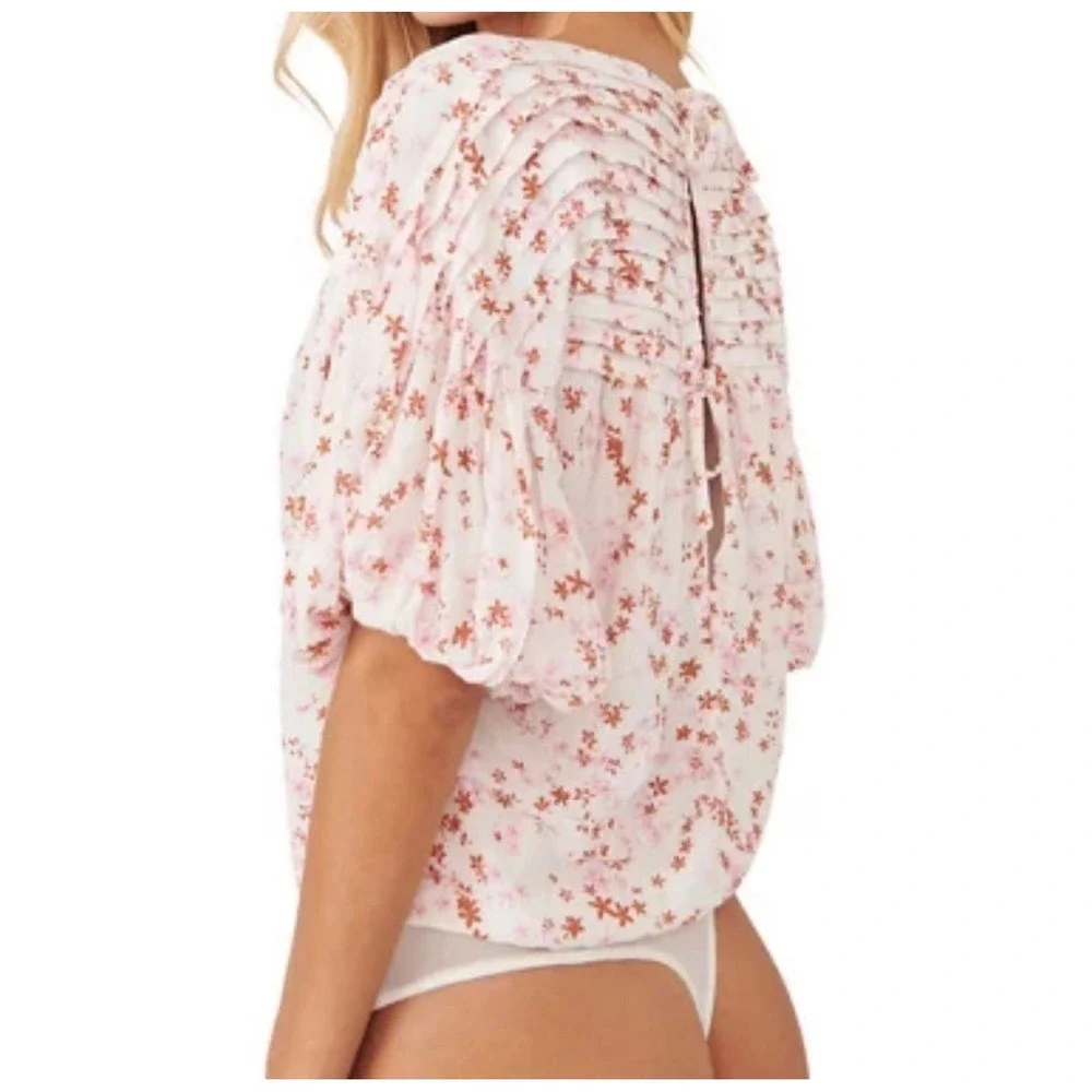 Free People Dessa Floral Pink Puff Sleeves Bodysuit‎ Small